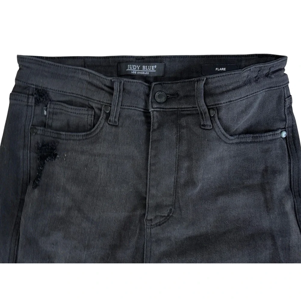Judy Blue Los Angeles Washed Black High Rise Distressed Flare Jeans Womens 9/29‎